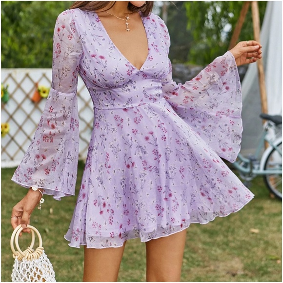 Boho Floral Print Bell Sheer Sleeve Dress - Picture 1 of 5
